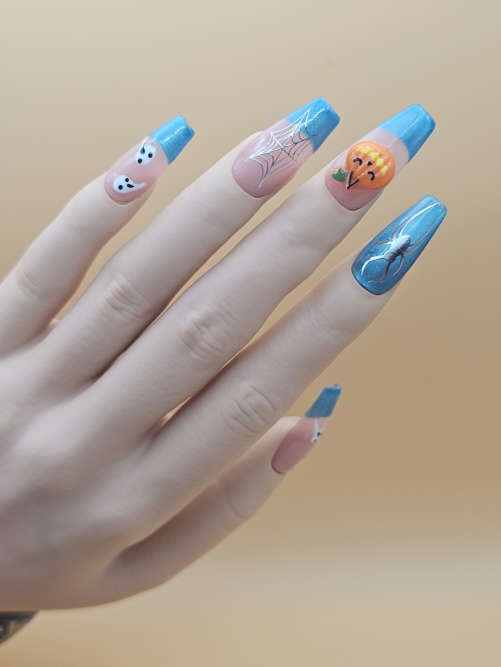 Press-on Nails Set 10pc Size Large Coffin Blue Cateye Tips Spider Pumpkins Ghost